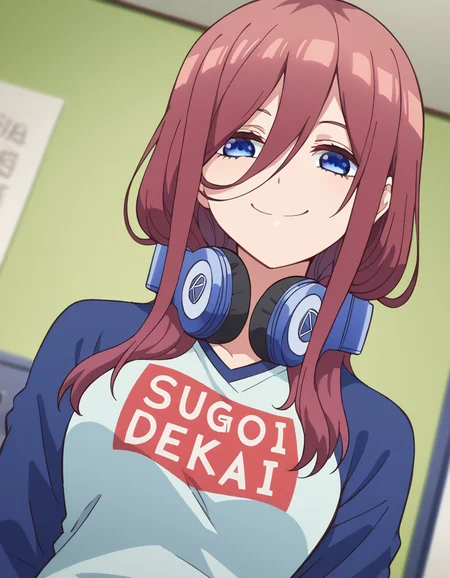 score_9, score_8_up, score_7_up, source_anime, mikunakano, <lora:miku-nakano-s1-ponyxl-lora-nochekaiser:1>, miku nakano, long hair, bangs, blue eyes, brown hair, hair between eyes, headphones, headphones around neck,, <lora:sugoi-dekai-ponyxl-lora-nochekaiser:1>, sugoi dekai, clothes writing, raglan sleeves, t-shirt, denim, denim skirt,, indoors, smile, smug,, cowboy shot, dutch angle,