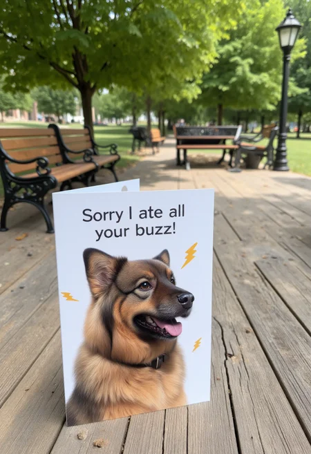 <lora:Greeting_Card_Designer_FLUX:0.7> <lora:Lia_-_My_Dog_F1D_r1:1.0>
This image is a photograph of a greeting card featuring a highly realistic, detailed illustration of liathedog and the text "Sorry I ate all your buzz!". The dog is depicted with a joyful expression, its mouth open with its tongue slightly hanging out and ears up. The fur is rendered with a high level of detail, showcasing a soft, fluffy texture and a warm color. The dog's eyes are bright and expressive, giving a sense of warmth and friendliness. There are lightning emojis around the dog.
The card is positioned on a wooden surface, which has a natural, slightly weathered texture with visible grain patterns, adding a rustic touch to the overall scene. The background of the image is a blurred, outdoor park setting, featuring lush green trees and a well-maintained park bench in the distance. The bench has a polished wooden seat and ornate, black metal legs. There are also several more benches and a lamppost visible in the background, contributing to the serene park ambiance.