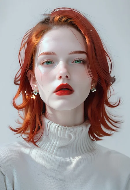 score_9, score_8_up, score_7_up, BREAK, ctdrm, dreamy, 1girl, solo, helencollins, jewelry, sweater, earrings, portrait, parted lips, lips, simple background, red lips, long hair, red hair, green eyes, pale skin, light blush, soft lighting, ethereal mood