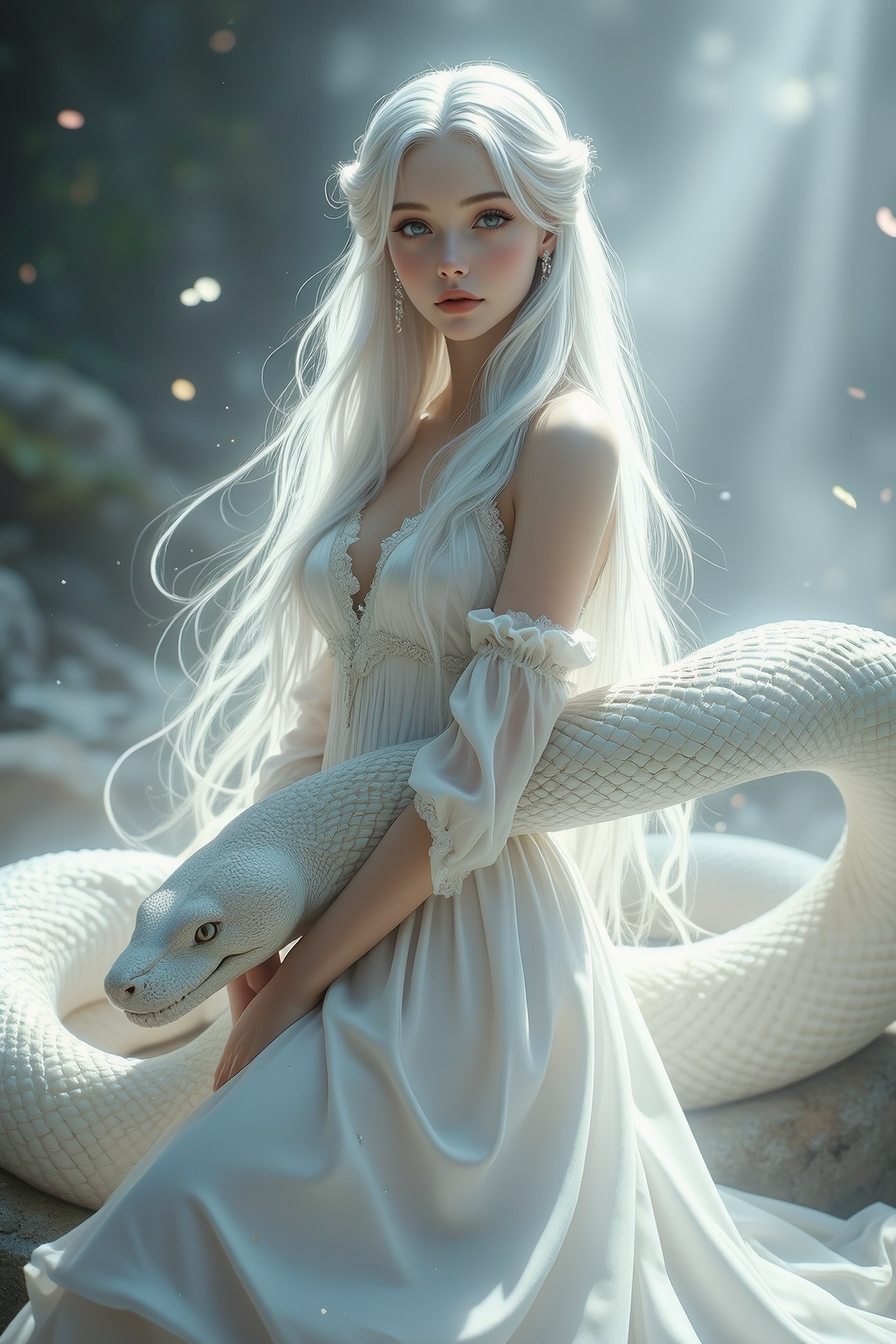 A surreal and hyper-realistic scene featuring a classical beauty dressed in a flowing white silk gown, accompanied by a majestic white snake. The intricate details of her attire and the snake's scales are highlighted, set against a dreamy, ethereal background. The scene is illuminated with soft, magical lighting, enhancing the otherworldly and enchanting atmosphere.
surreal, hyper-realistic, classical beauty, white silk gown, majestic white snake, intricate details, dreamy background, ethereal, soft magical lighting, enchanting, otherworldly, visually stunning, high quality, detailed, sharp clarity, breathtaking, elegant, graceful.
looking at viewer, long hair, white hair,
<lora:Dever_Flux_Enhancer:0.5>
<lora:Midjourney_-_SemiReal_Dreams_FLUX_LoRA:0.75>