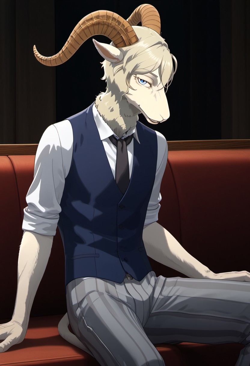 score_9_up, score_8_up, score_7_up, masterpiece, best quality, amazing quality, very aesthetic, absurdres, newest,  high quality, detailed, male, solo male, Pina, 1boy, mature male, male, slender build, anthro, white dall sheep, horns, animal ears, white fur, blue eyes, white collared shirt, blue vest, black tie, grey striped pants, drama club, theatre, sitting on edge of stage, smiling, looking at viewer, half lidded eyes, volumetric lighting