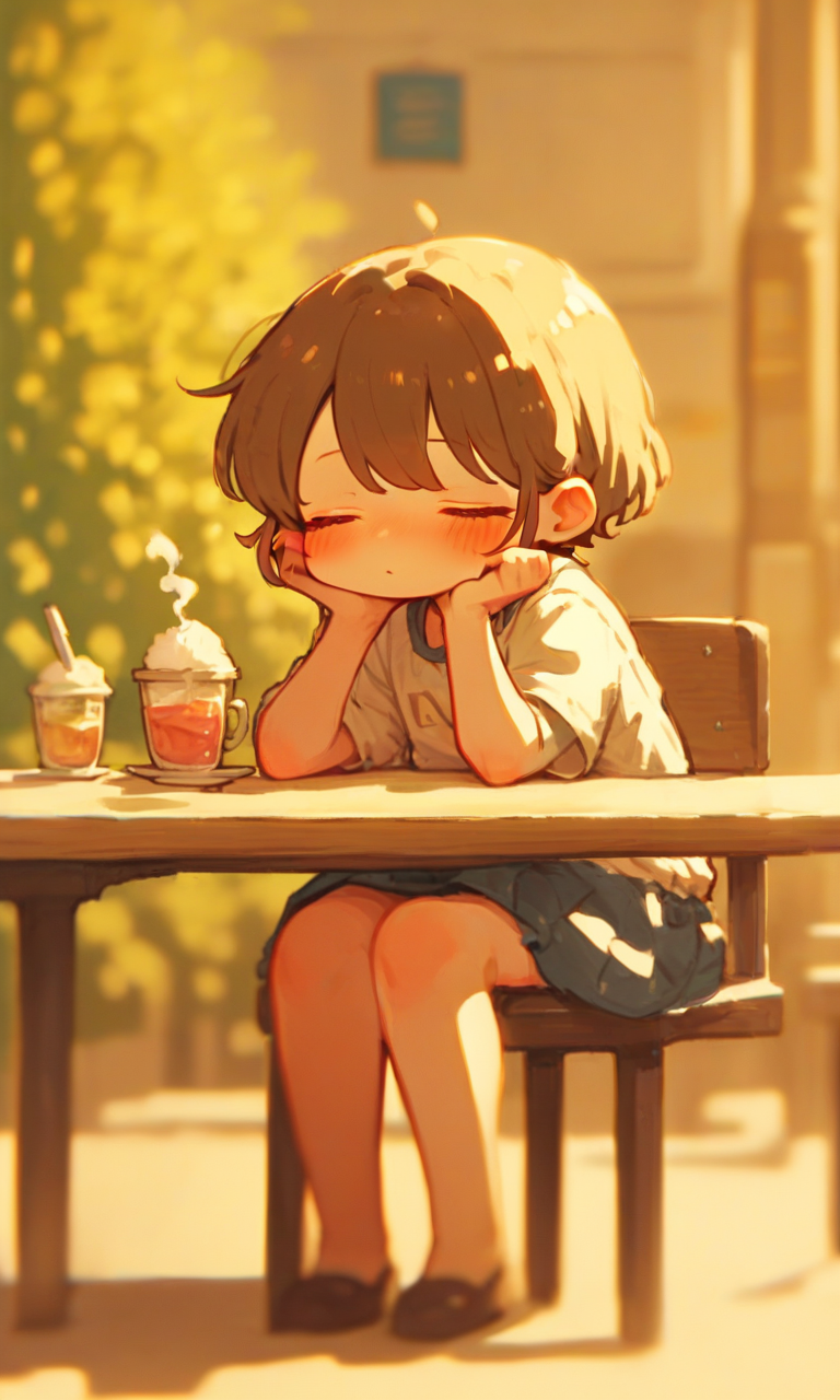 score_9, score_8_up, score_7_up, score_6_up, score_5_up, score_4_up, 1girl, (boring expressive:1.5), cute, kawaii, head rest, sitting on stool chair, cafe, depth of field, cute sleeping on table, 
