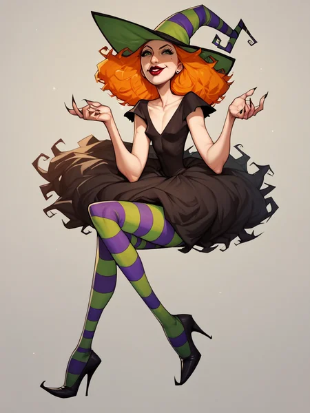 score_9, score_8_up, score_7_up, score_6_up, score_5_up, <lora:scarygodmotherXLP:0.8> scary godmother, 1girl, witch hat, solo, orange hair, striped pantyhose, lipstick, witch, dress, high heels, green eyes,