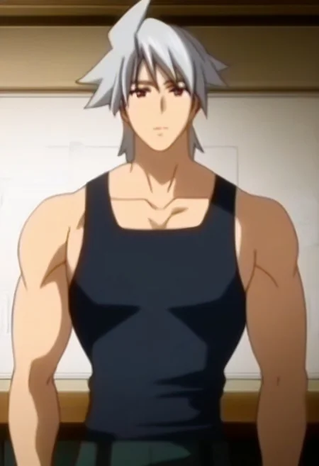 ((masterpiece)), ((best quality)), ((ultra-detailed)), ((absurdres)), score_9_up, score_8_up, score_7_up,
HD, top quality, best quality, amazing quality, High-quality illustrations, anime screencap, source_anime, best aesthetic, perfect proportions, perfect eyes, 1boy, 1male, solo boy, solo male, male focus, solo male focus, Anime, boy, male anime character, anime boy, handsome, cute, charming, sexy, good-looking, Yuki Asahina, silver-gray hair, red eyes, ((black tank top)), ((black wristbands)), ((dark green pants)), ((fit body, hunk body)), ((front view, front shot, facing front, view from the front)), ((cowboy shot, head to hips shot)), ((classroom)), easynegative, updn, Expressiveh, masterpiece, best quality, very aesthetic, absurdres