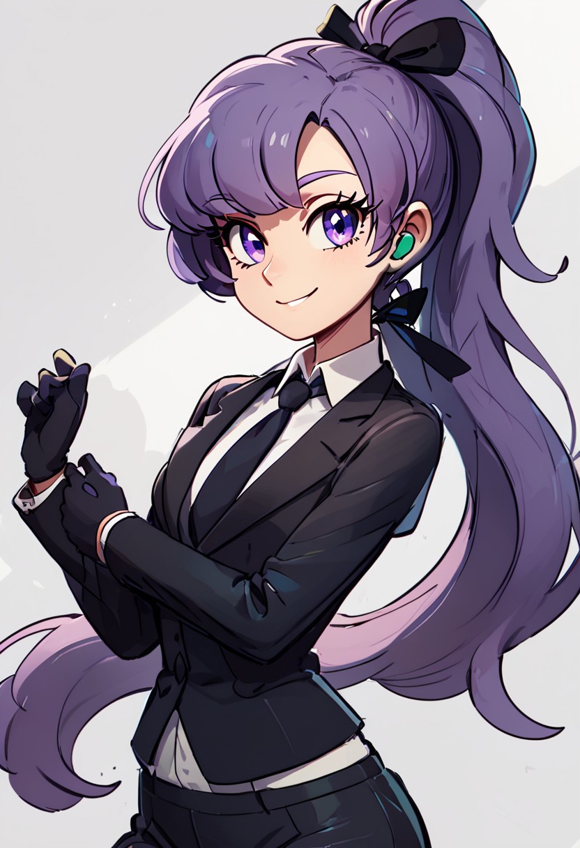 score_9, score_8, (curvy), cute, eyelashes,       
BREAK,
zzAnabel, purple hair, purple eyes, long hair, ponytail, ribbon, hair ribbon, bangs, black ribbon, black suit, formal, black tie, black gloves,
,BREAK,
smile, looking at viewer, cowboy shot, zPDXL, Expressiveh,