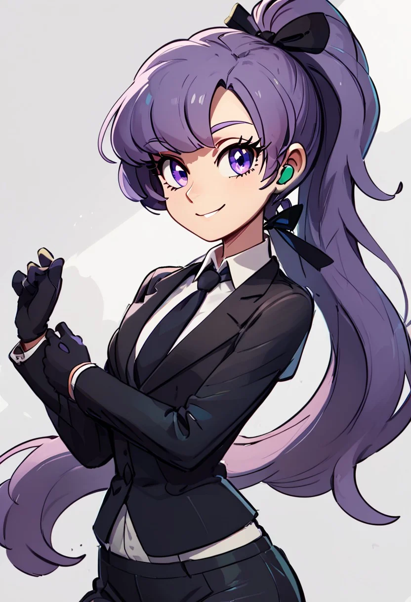 score_9, score_8, (curvy), cute, eyelashes,
BREAK,
zzAnabel, purple hair, purple eyes, long hair, ponytail, ribbon, hair ribbon, bangs, black ribbon, black suit, formal, black tie, black gloves,
,BREAK,
smile, looking at viewer, cowboy shot, zPDXL, Expressiveh,