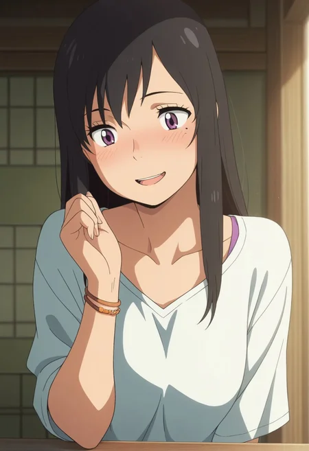 masterpiece,best quality,amazing quality, suga natsumi, black hair, purple eyes, long hair, 1girl, solo, mole, mole under eye, open mouth, jewelry, bracelet, smile, shirt, blush, anime coloring