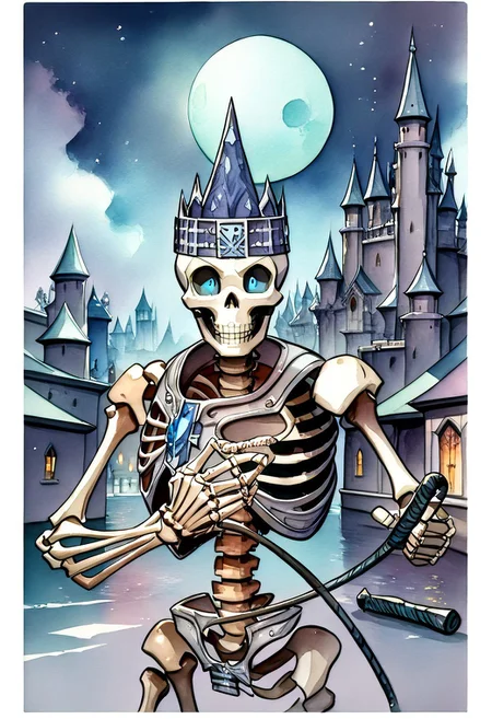 (((anatomical hands))), skeleton with knight armor standing with a long sword, blue eyes, score_9, score_8_up, score_7_up, score_6_up, score_5_up, score_4_up, ((skeleton)), black rusty armor, (((jeweled headband))), stylized brown breastplate, (((whip))), steel sword, ((((whip with handle)))), ((single sword in hand)), ((action pose)), (((((single pauldron))))), metal wristbands, (((((bald))))), ((((castle background)))), bright moon, dark cloudy skies, blu glowing eyes, black sclera, empty eyes, (watercolor painting:2), night, ((spooky backdrop)),, spooky castle behind, bats flying, bones with fissures