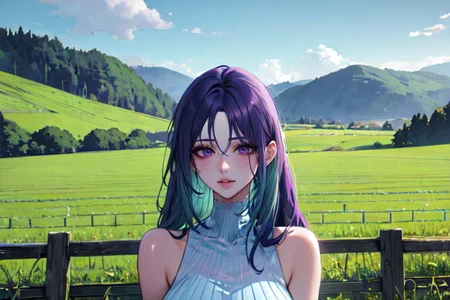 (otherworldly), highly insanely detailed, masterpiece, top quality, best quality, highres, 4k, 8k, RAW photo, (very aesthetic, beautiful and aesthetic), farm, fields, barn, fence, fantfa, <lora:FantasyFarm-10:0>,
1girl,
(bright blue-green hair,purple hair ,gradient hair),
(pure blue background,transparent background),âââ