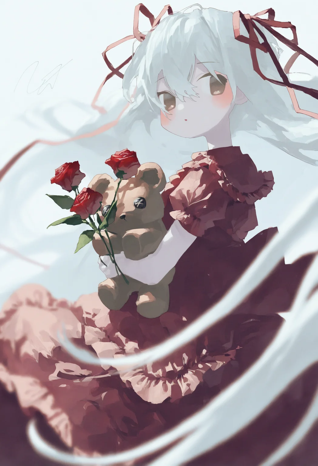 1girl,
solo, stuffed toy, stuffed animal, long hair, teddy bear, holding, ribbon, short sleeves, rose, white hair, no lineart, dress, flower, floating hair, looking at viewer, red ribbon, bangs, simple background, from side, hair ribbon, frills, blush, red flower, puffy sleeves, white background, puffy short sleeves, holding stuffed toy, red rose, hair between eyes, upper body, muted color, parted lips, holding flower, pale skin, frilled dress, blurry foreground, depth of field, looking back, blurry,
.
masterpiece, best quality, very aesthetic, absurdres
<lora:potgfornoob:0.95>