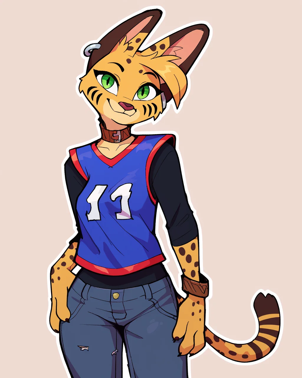 score_9_up, score_8_up, score_7_up, score_6_up, by remanedur, half-length portrait, medium breasts, brown choker, serval, green eyes, female, looking at viewer, tail, 4 fingers, ear piercing, brown bracelet, bracelet, collar, denim bottomwear, denim jeans, ripped jeans, brown ears, brown spots, facial markings, jersey, tail, solo, smile, three-quarter view, head tilt, simple background, white outline,  <lora:Leah_Pines(AIM)_XL_v1:0.15> <lora:PDXL_artist_tags_v2_big:0.5> <lora:The-Minuscule-Task_PDXL_v1.0:0.6>  <lora:Pepper_Paminta_Ruffu:0.55>