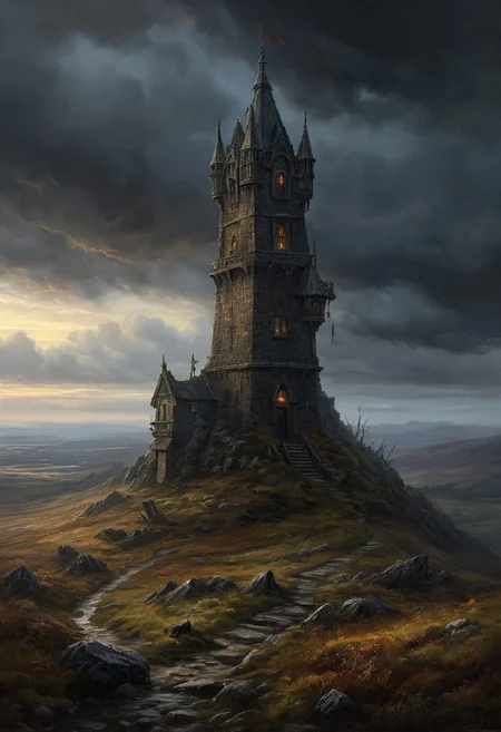 oil painting, fantasy, rpg, a tower in the moorland, dark clouds, dark moor, (misty:1.5), creepy atmosphere, dramatic light, (darkness:2.5), 34K uhd, masterpiece, high detail, 8k, intricate, detailed, high resolution, high res, high quality, <lora:add-detail-xl:1.8>, highly detailed, Extremely high-resolution details, fine texture, darkness
