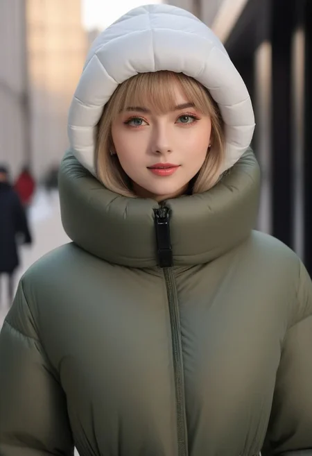 (Oversized transparant down coat:1.4), (Oversized transparant puffer coat:1.4), (Oversized transparant winter clothes:1.4), (puffer hood up:1.4), (down hood up:1.4), (very snowing, very cold:1.4), (full body, ankle winter boots:1.4), (city, street, winter, snow:1.4), (snowing clothes:1.4), walking, daytime, sun, sunlight, (leggings:1.4), thigh boots, green eyes, tsurime, blonde hair, streaked hair, medium hair, light smile, straight hair, dyed bangs, sidelocks, beanie, eyelashes, eyeliner, masterpiece, high quality, best quality, beautiful lighting, realistic lighting, beautiful eyes, beautiful hair, beautiful face, detailed face, high quality face, realistic background, detailed background, (from front:1.5), pressure squeezing cuffs, pressure squeezing collar, (Thick padded cuffs:1.4), (Thick padded collar:1.4), <lora:Collar-SDXL:0.75>, <lora:Cuffs-SDXL:0.75>, <lora:fashion_lora:0.6>