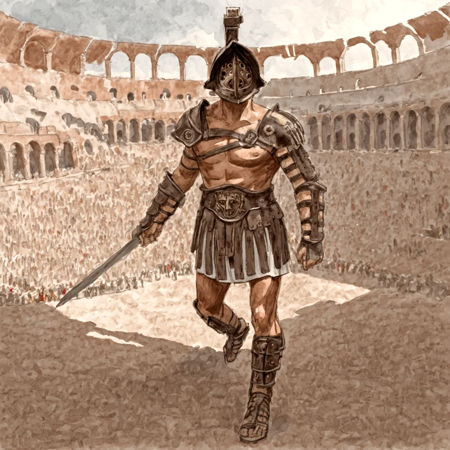 gladiator in a colosseum, rome, victrory,gladiator_style, illustration, high detail, sketch, painting,
