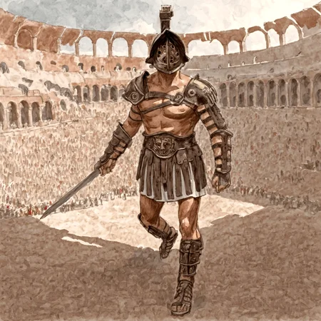 gladiator in a colosseum, rome, victrory,gladiator_style, illustration, high detail, sketch, painting,