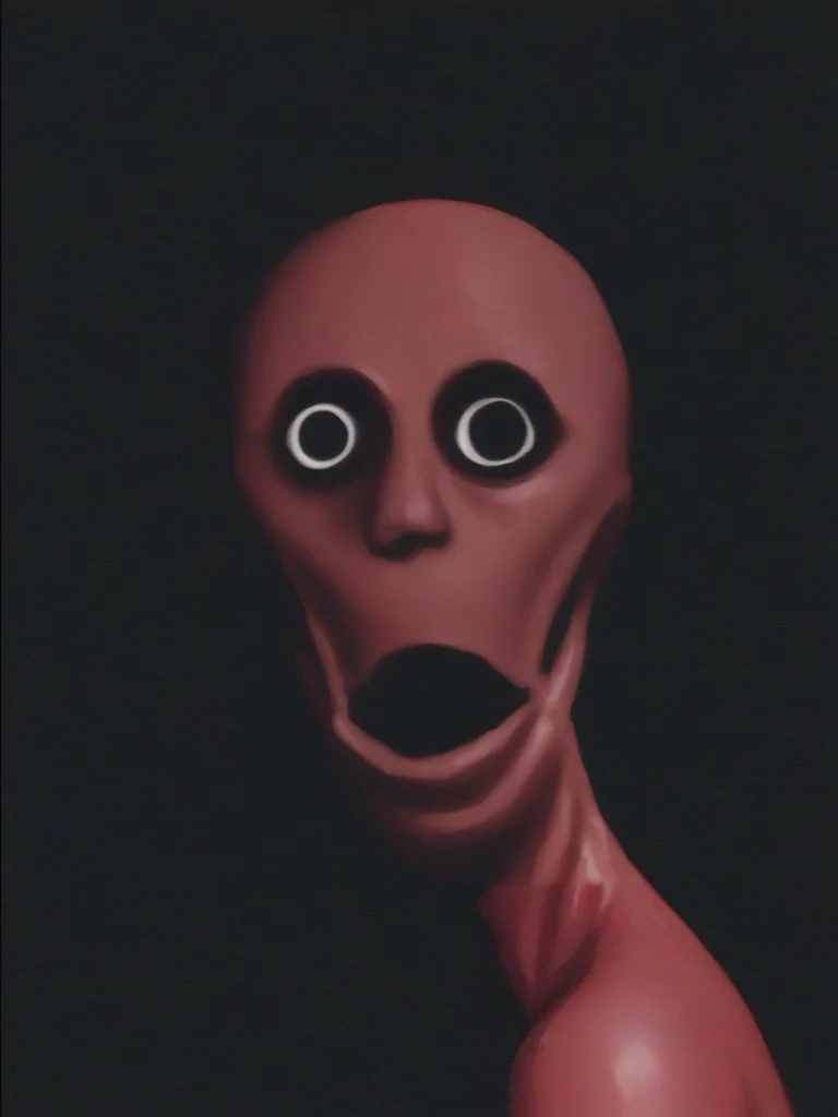 score_9, score_8, side view of analog_horror monster, ((side view)), dark bedroom, hiding, red skin, looking at viewer, shiny skin, dark lighting, dark background, horror,  <lora:Analog_Horror_Style_r2:.8>