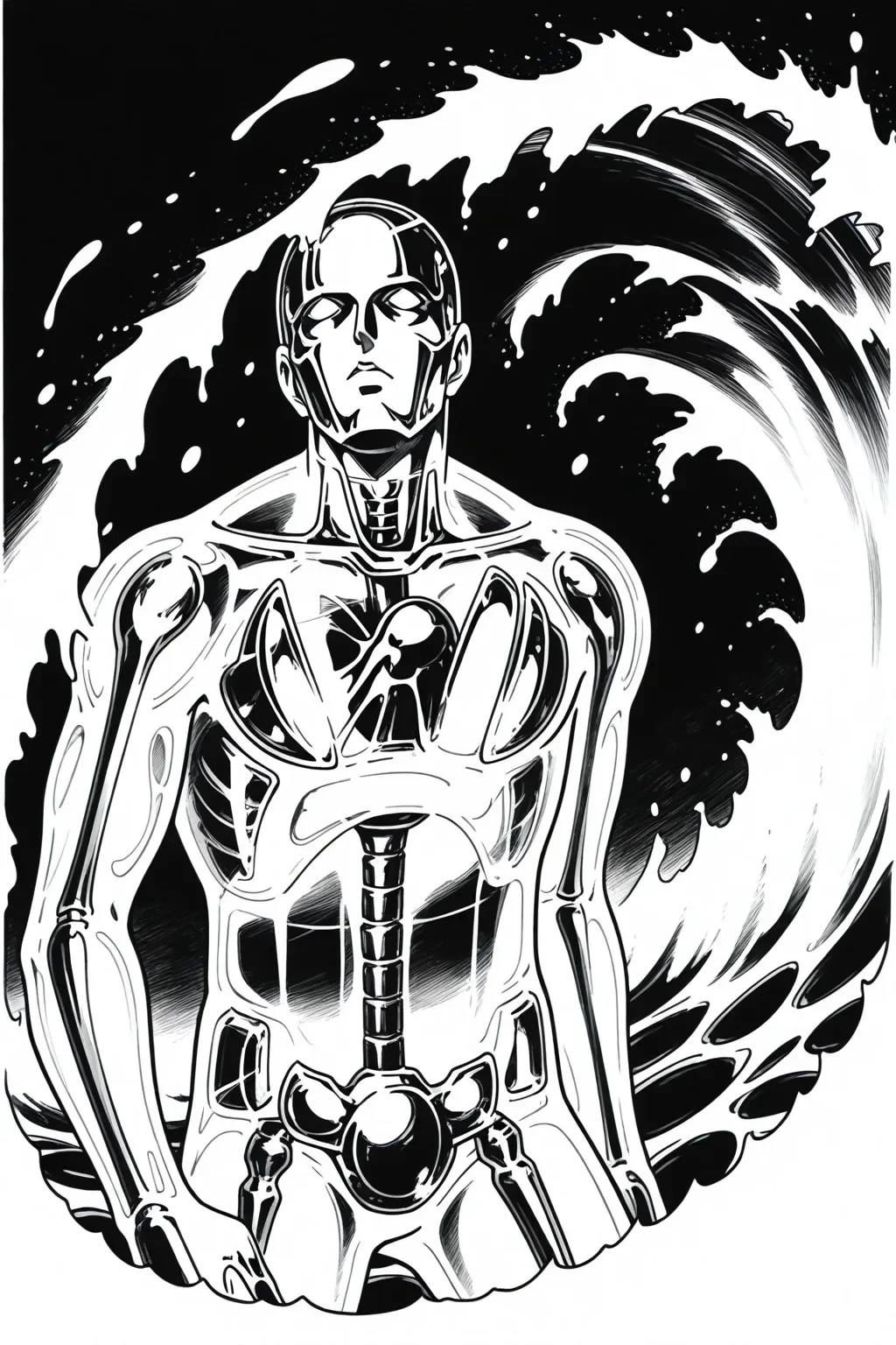 <lora:crystal_boy_ilxlv2:1>1boy, solo, crystal_boy_ilxl, (transparent body:1.8), monochrome, standing, looking up, upper body, (Wave Splash:1.5), iron head