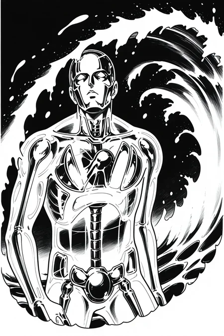 <lora:crystal_boy_ilxlv2:1>1boy, solo, crystal_boy_ilxl, (transparent body:1.8), monochrome, standing, looking up, upper body, (Wave Splash:1.5), iron head