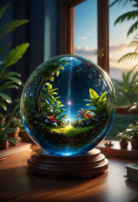 In the night room there is a glass sphere on the table, emitting a soft heavenly glow. Inside, the miniature galaxy is seething with cosmic energy and the galaxy within. Outside, the window of the room offers a tropical panorama. 8k, vray, IMax, hyperrealism, perfect light, bokeh Carl Zeiss 85mm, small depth of field, photorealistic, masterpiece, high resolution, best quality, cinematic shot, ultra-detailed, super realistic, Hyperrealistic art, high-quality, ultra high res, highest detailed, lot of details, Extremely high-resolution details, photographic, realism pushed to extreme, incredibly lifelike,