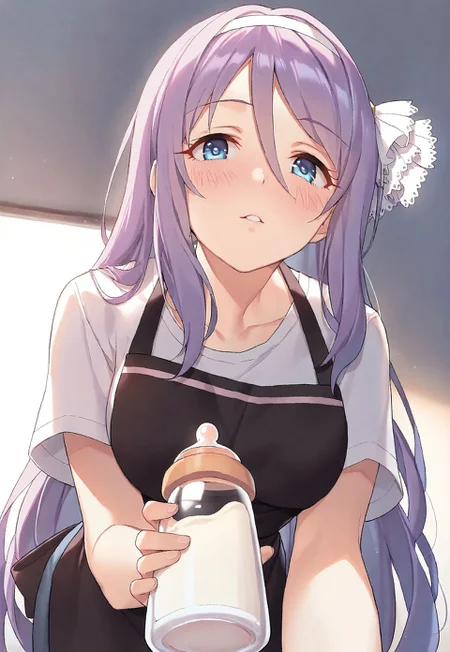 1girl, solo, shizuru \(princess connect!\), t-shirt, blue eyes, long hair, purple hair, white headband, white headwear, holding a bottle, baby bottle, looking at viewer, black apron, upper_body, leaning_forward, from below, masterpiece, best quality, very aesthetic