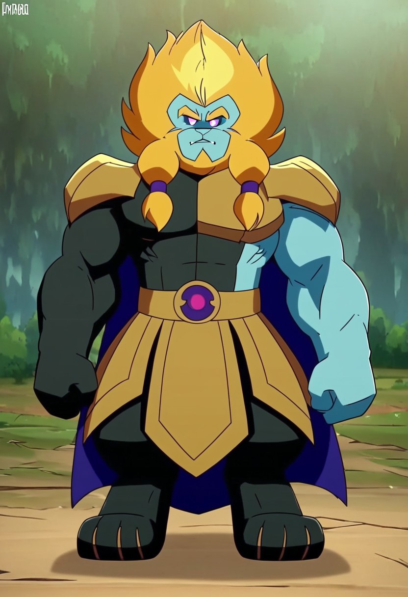 Azure lion ,solo,Lion furry,neutral expression,looking at the viewer,long hair,blue skin,muscular,braid,blonde hair,standing,front view,full figure,full body,full body shot,forest background with a clear sky.MASTERPIECE, PERFECT, EXCELLENT, GREAT MASTERPIECE score up9, precise and clear,magenta eyes with white pupils,
