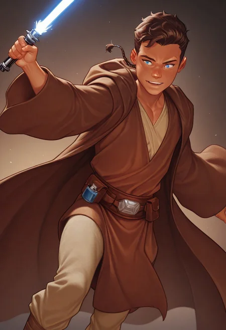 masterpiece, absurdres, high quality, perfect anatomy, 1boy, solo, cute boy, male focus, jedi robe, brown jacket, Caleb Dume, Brown Hair, Padawan Braid, Blue Eyes, Brown Robe, Brown Tunic, Tan Shirt, Belt, Tan Pants, holding a lightsaber, blue lightsaber, cinematic, intricately detailed illustration, depth of field, masterpiece, best quality, amazing quality, very aesthetic, absurdres, newest, very awa,  shadow, dynamic angle, casual cosplay, skinny, toned, dynamic pose,