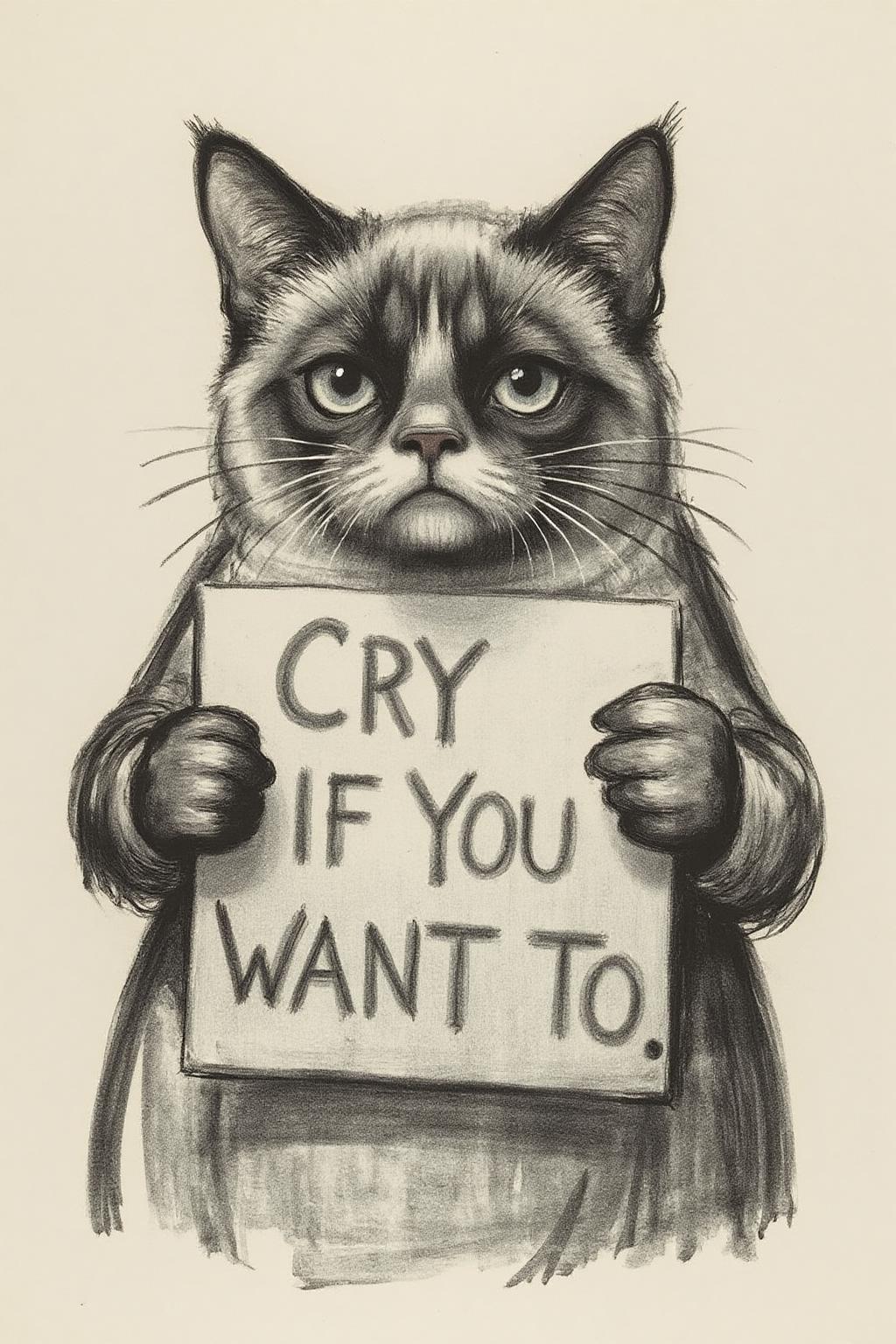 kako1 black and white charcoal drawing.  Grumpy Cat holding a sign that says "Cry if you want to". <lora:kako1_litho_nocap_d6a3:1.0><lora:814767807574060531:0>