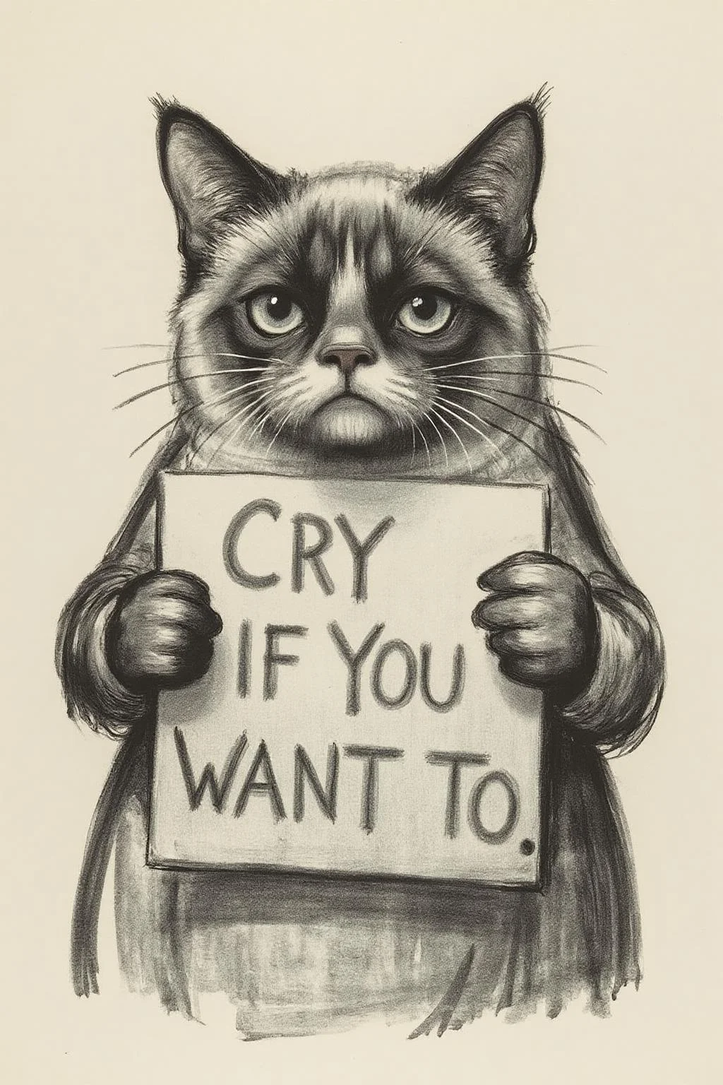 kako1 black and white charcoal drawing. Grumpy Cat holding a sign that says "Cry if you want to". <lora:kako1_litho_nocap_d6a3:1.0><lora:814767807574060531:0>