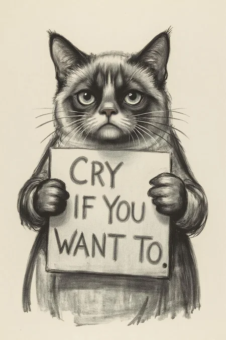 kako1 black and white charcoal drawing.  Grumpy Cat holding a sign that says "Cry if you want to". <lora:kako1_litho_nocap_d6a3:1.0><lora:814767807574060531:0>