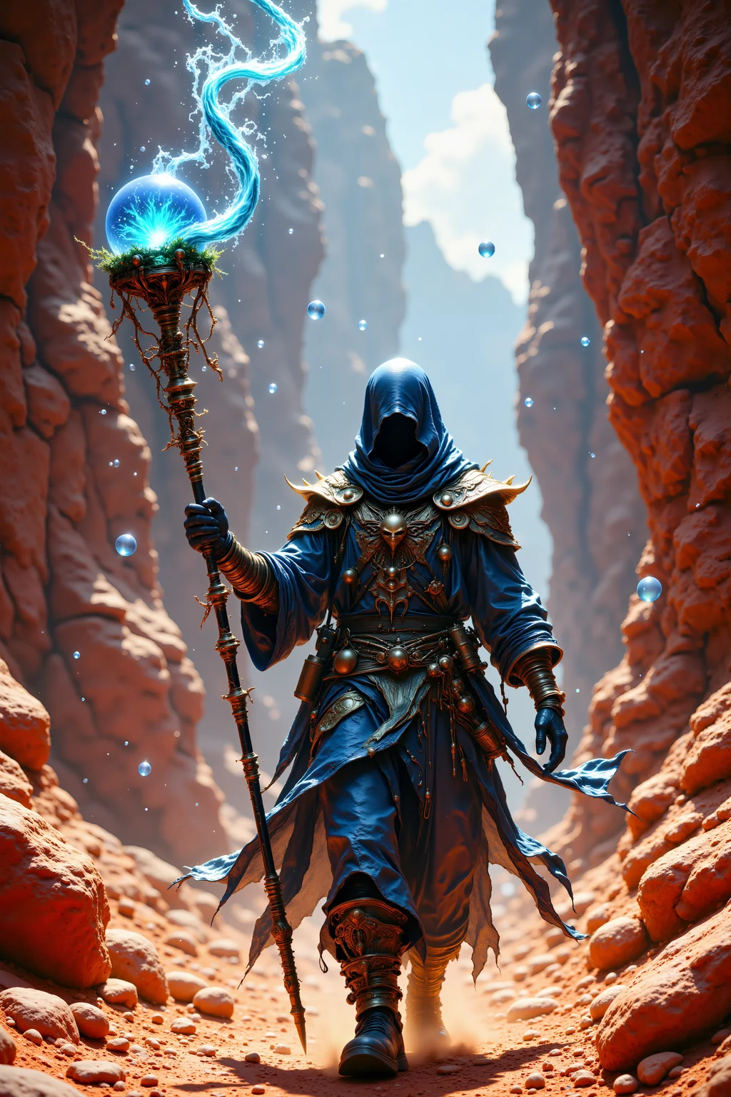 A water finder strides through towering red rock formations, using a staff topped with a living water elemental contained in a crystal sphere. Their coat is made of scales from desert dragons, shifting colors to match the surrounding rocks, while floating orbs of collected water orbit around them. Metal tubes running along their staff collect moisture from the air, glowing with soft blue light. A mechanical compass made of gold and glass floats before them, pointing to hidden underground springs. Fantastic lighting. Detailed shadows.intricate details, vivid colors, hyper-detailed, ultra-sharp,, , <lora:FluxMythR3alisticF><lora:PCB_Image_Enhancer_for_FLUX:0.35>