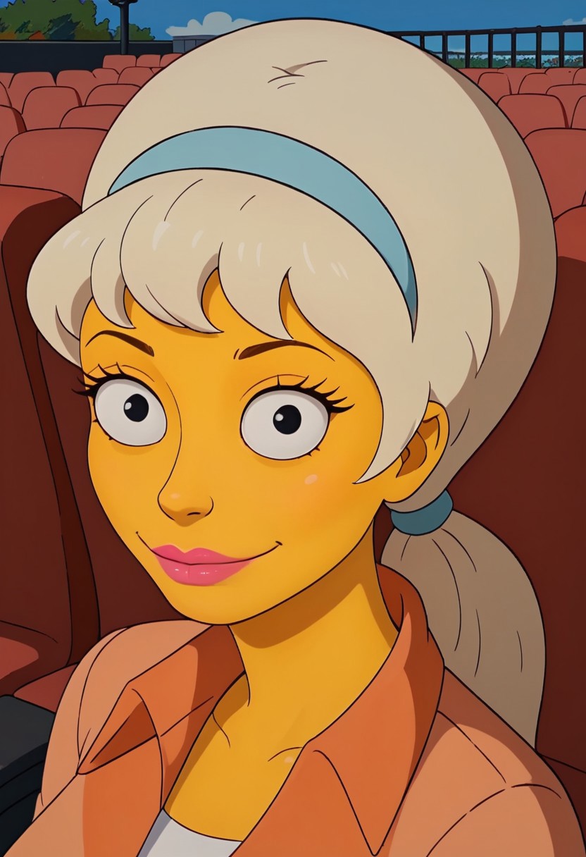 ((theater background)),score_9, score_8_up, score_7_up,score_6_up, 
1girl, Solo, LurleenL_TS, yellow skin, black eyes, blonde hair, hairstyle ponytail, blue hairband, pink lips, blue headband, big eyes, light orange country shirt with orange collar, blue skinny jeans, white belt, light pink tall cowboy boots, tall stature, social smile, sexy face, close-up, face photo, perfect eyes, perfect smile, looking at the viewer, big breasts, detailed eyes, perfect eyes, very close-up
