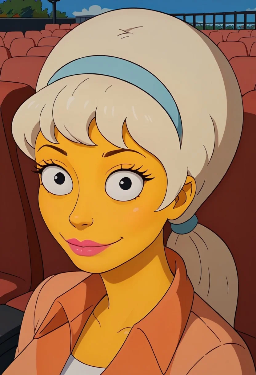 ((theater background)),score_9, score_8_up, score_7_up,score_6_up,
1girl, Solo, LurleenL_TS, yellow skin, black eyes, blonde hair, hairstyle ponytail, blue hairband, pink lips, blue headband, big eyes, light orange country shirt with orange collar, blue skinny jeans, white belt, light pink tall cowboy boots, tall stature, social smile, sexy face, close-up, face photo, perfect eyes, perfect smile, looking at the viewer, big breasts, detailed eyes, perfect eyes, very close-up