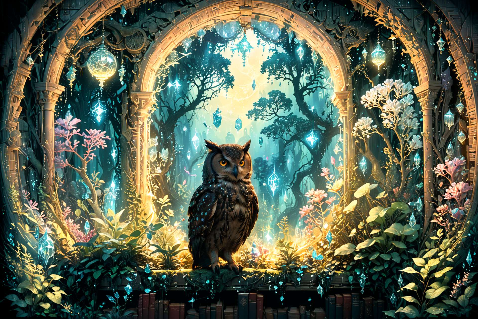 An ancient library hidden within an enchanted forest, illuminated by bioluminescent plants and floating crystals, as seen through the eyes of a curious owl at twilight. <lora:Lost_In_Dreams:0.7> <lora:xl_more_art-full_v1:0.6>, (masterpiece:1.2), best quality, (hyperdetailed, highest detailed:1.2), high resolution textures