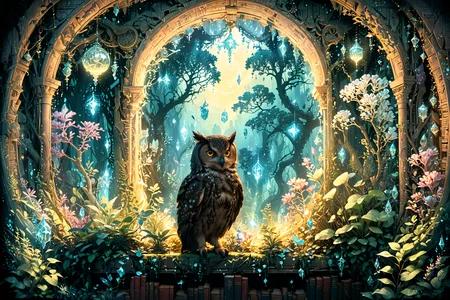 An ancient library hidden within an enchanted forest, illuminated by bioluminescent plants and floating crystals, as seen through the eyes of a curious owl at twilight. <lora:Lost_In_Dreams:0.7> <lora:xl_more_art-full_v1:0.6>, (masterpiece:1.2), best quality, (hyperdetailed, highest detailed:1.2), high resolution textures
