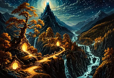 High fantasy style, Tolkien, Illustration, epic art, Synthetism, majestic, fairy tale, masterpiece, (high contrast, sharp contrast:1.2) crystal clear, sharp, contrast, Wallpaper Fusion, The Lord of the Rings style, night time, mountainous landscape, trees, grass, magical energy, starry sky, stones, river, waterfall, bridge, on a path leading to a distant ancient kingdom,