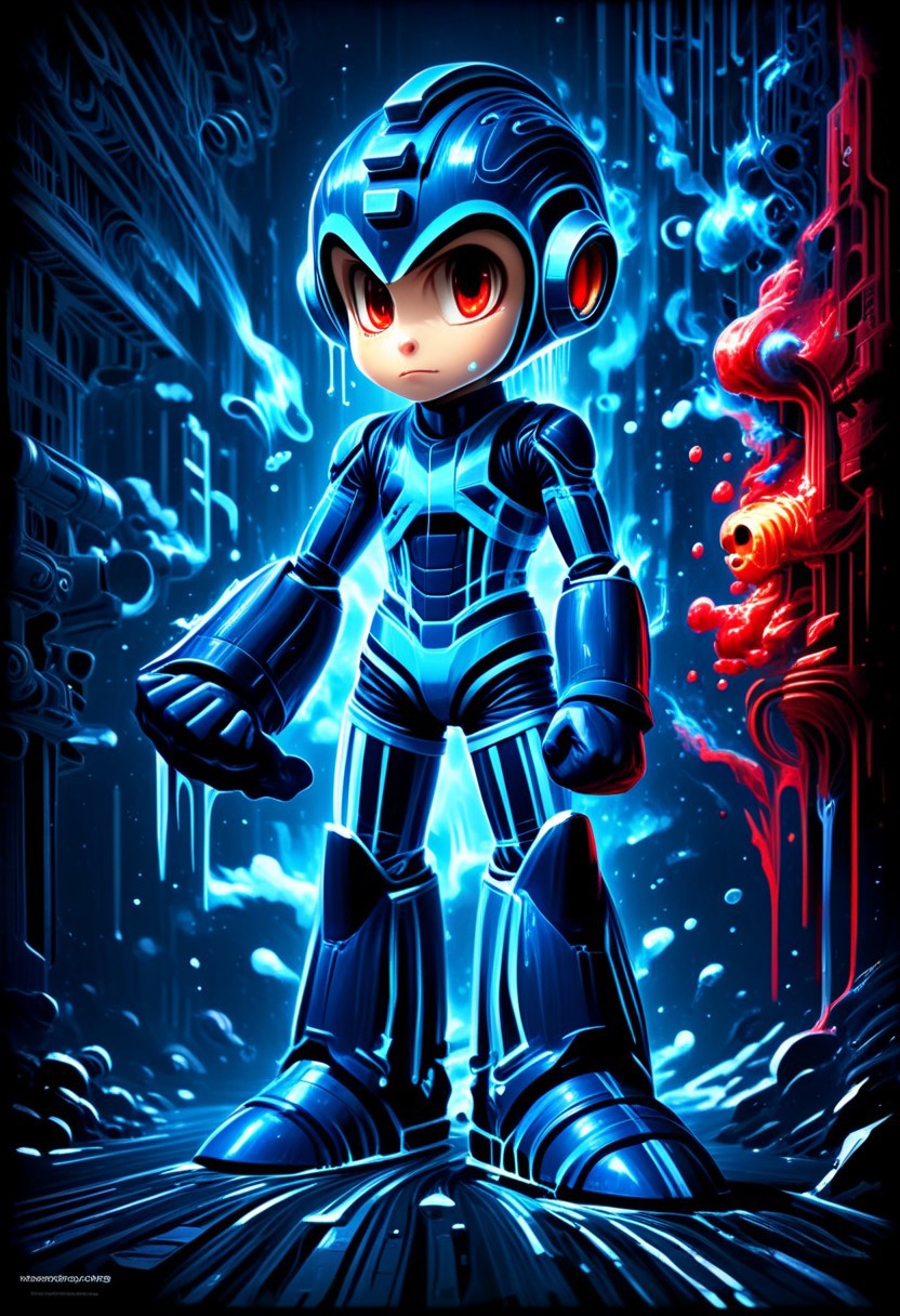 CHIBI, CUTE, megaman, ROCKMAN, BLUE ARMOR, 1BOY, gloves, boots, arm cannon, Futuristic, Power Armor,  score_9, score_8_up, score_7_up, score_6_up, score_5_up, score_4_up, very aesthetic, full body shot, 1men, ((cute face)), very detailed facial features, detailed face, intricate details, hyperdetailed, hyperrealistic, view from the side, , best quality, masterpiece, ral-melting , in the style of red and light azure,dreamy and romantic compositions,blu,ethereal machines,playful arrangements,fantasy,high contrast,ink strokes,explosions,over exposure,Blue and navy tone impression,abstract,whole body capture, glowing blue lines, dark, lightweaver style