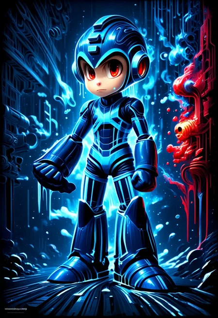 CHIBI, CUTE, megaman, ROCKMAN, BLUE ARMOR, 1BOY, gloves, boots, arm cannon, Futuristic, Power Armor, score_9, score_8_up, score_7_up, score_6_up, score_5_up, score_4_up, very aesthetic, full body shot, 1men, ((cute face)), very detailed facial features, detailed face, intricate details, hyperdetailed, hyperrealistic, view from the side, , best quality, masterpiece, ral-melting , in the style of red and light azure,dreamy and romantic compositions,blu,ethereal machines,playful arrangements,fantasy,high contrast,ink strokes,explosions,over exposure,Blue and navy tone impression,abstract,whole body capture, glowing blue lines, dark, lightweaver style