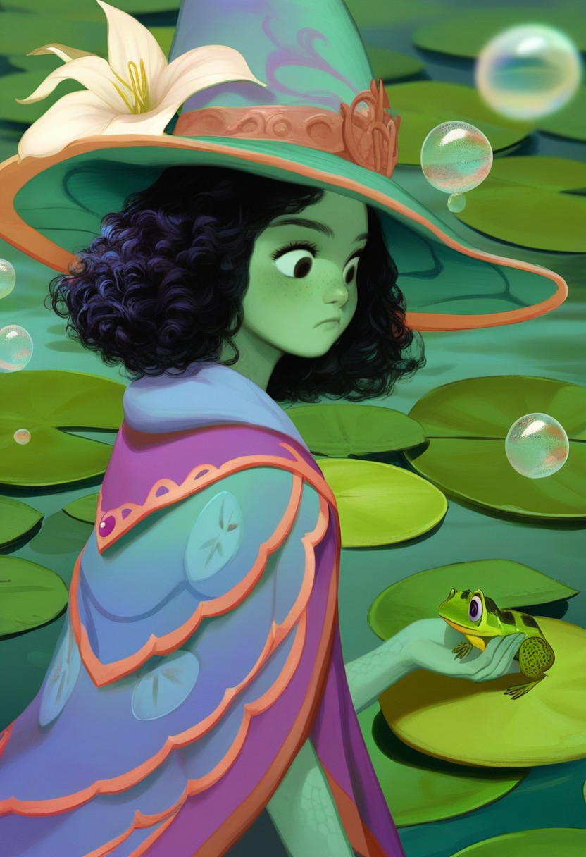 score_9, score_8_up, score_7_up, Expressiveh, extreme detail, source_anime, high quality, solo, 1 cute frog girl, feral, bright green skin, detailed scales, wizard hat, lily pad hat, magical book, feral frog,  holding cute frog, cute, colorful bubbles, abstract colors in background, short black hair, swimming, thinking, frown, flowing cape, realistic, magical energies, from side, from black, detailed frog skin, mystical swamp background