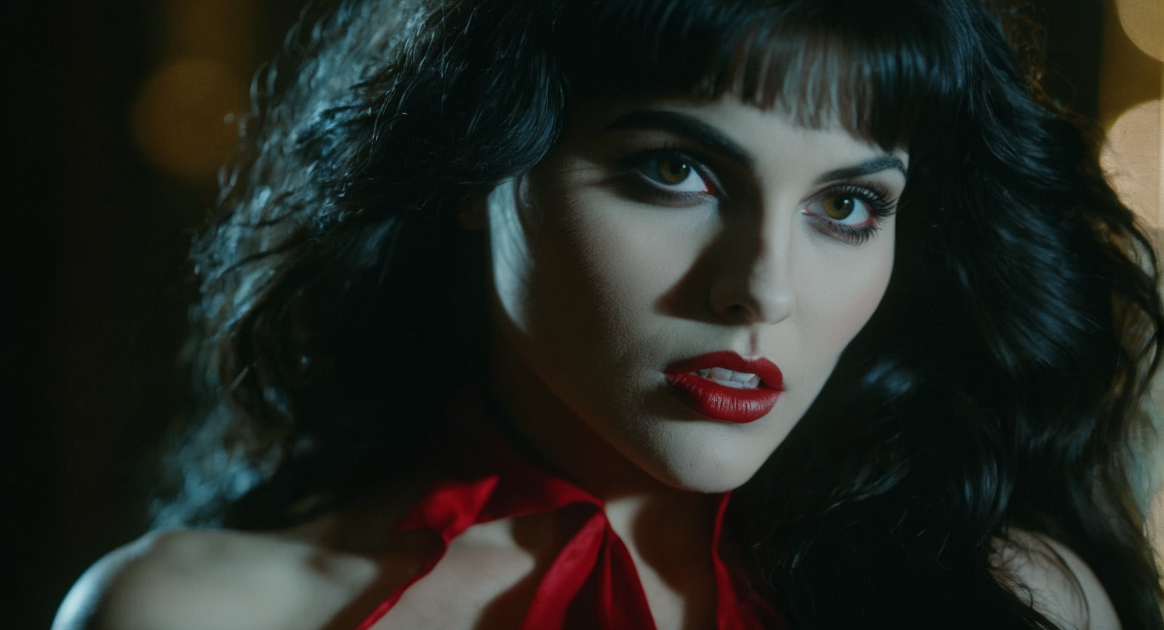 cinematic film still of  Cinematic Film stock footage in (arri alexa style) Kodak film print,  <lora:vampirella:1> Vampirella  Vampire Creepy and Eerie, shallow depth of field, vignette, highly detailed, high budget, bokeh, cinemascope, moody, epic, gorgeous, film grain, grainy
