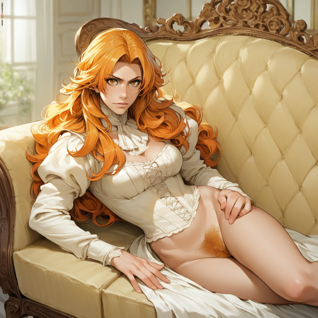 (source_anime:1.2), 2.5D, score_9,score_8_up, score_7_up,score_6_up, anime style, highly detailed, absurdres, BREAK, Matsumoto Rangiku\(Bleach\), long hair, wavy hair, (Blonde hair:1.2, orange hair), (Blonde pubic hair:1.2, orange pubic hair), centerfold, posing, playboy, playboyposexl, couch, (titanic pose), laying on couch, on side, hand on hip, looking at viewer, elegant furniture, Victorian,
