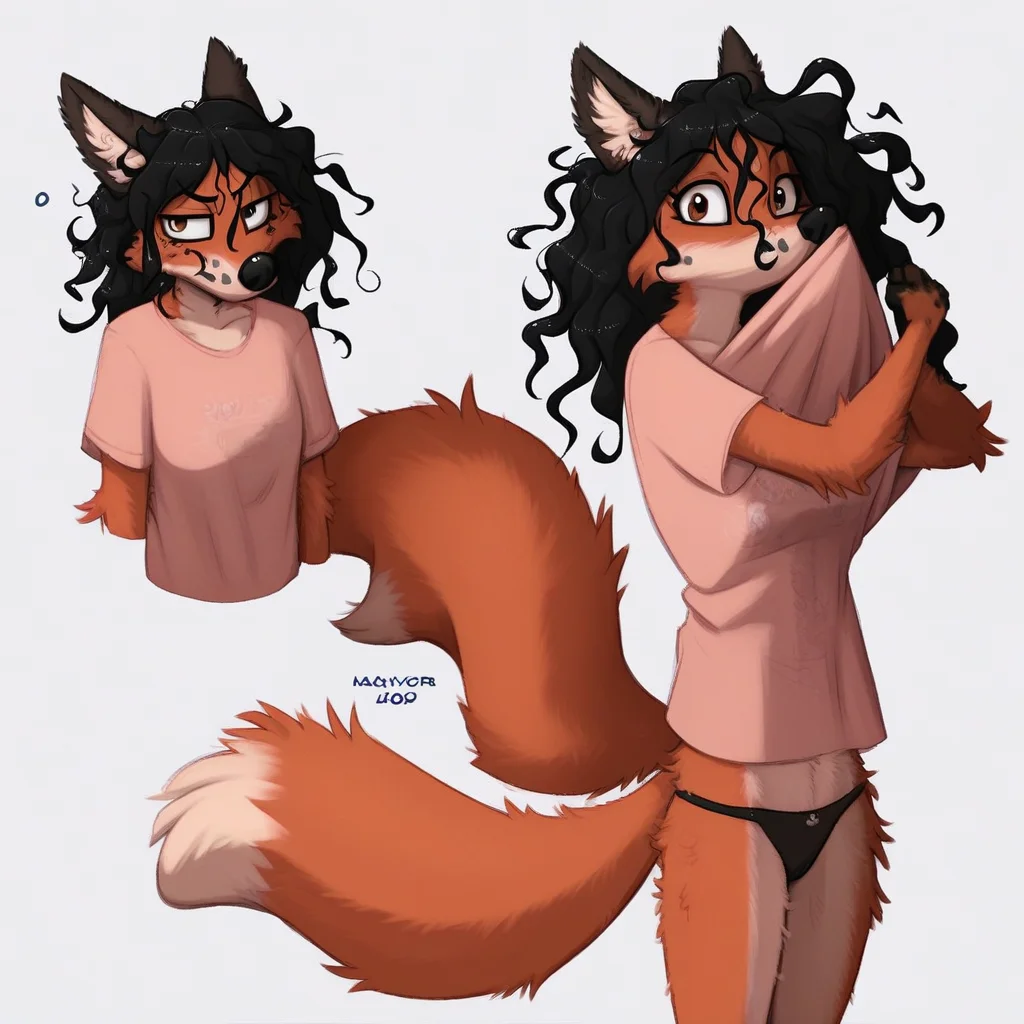 Score_9, score_8_up, score_7_up, score_6_up, score_5_up, score_4_up, jay_naylor_style, Solo, 1girl, anthro, red fox, vixen, orange and white fur, black hair, messy hair, black paws pads, dipstick tail, slim figure, small breasts, black ears, brown eyes, full body, looking at viewer, standing, pale pink t-shirt, black panties, sniffing own shirt, white background, confused look,