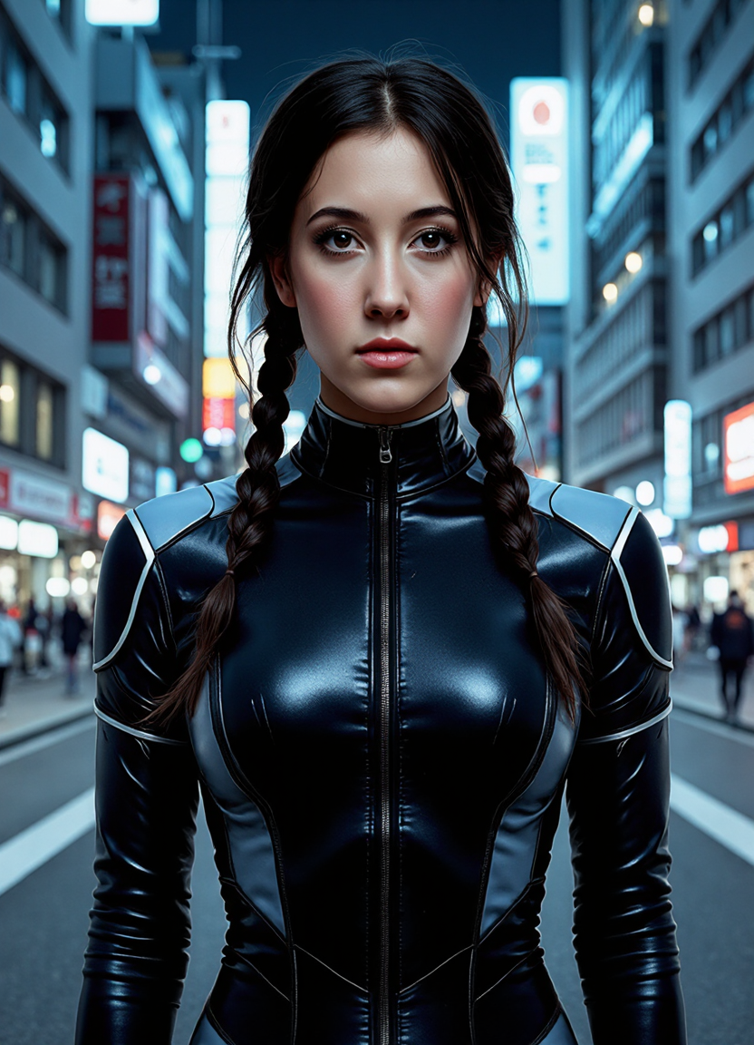 SFW, brightly lit, The image is a digital illustration of a woman standing in a futuristic city at night. She is wearing a black latex suit with a high collar and long sleeves. The suit has a futuristic design with a blue and silver color scheme. The woman has e hair styled in two braids and is looking off to the side with a serious expression on her face. The background shows a cityscape with tall buildings and neon signs. The overall mood of the image is dark and mysterious., aidmaimageupgrader<lora:flux\custom\celebrity\vanessa-carlton.safetensors:1.05:1.05> <lora:flux\turbo-8-step-flux.safetensors:0.5:0.5> <lora:flux\style\Common\aidmaImageUprader-FLUX-v0.3.safetensors:0.25:0.25>