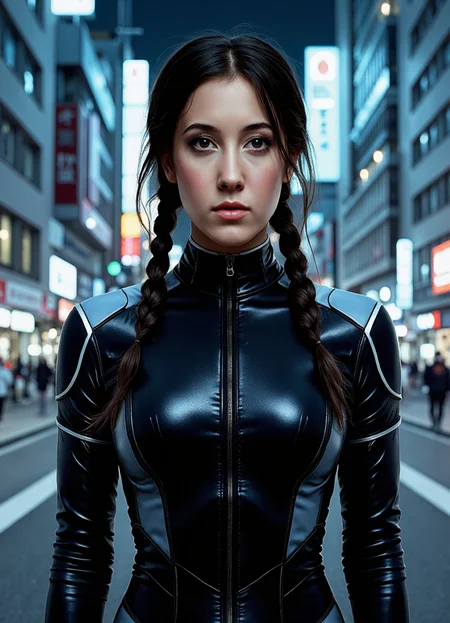 SFW, brightly lit, The image is a digital illustration of a woman standing in a futuristic city at night. She is wearing a black latex suit with a high collar and long sleeves. The suit has a futuristic design with a blue and silver color scheme. The woman has e hair styled in two braids and is looking off to the side with a serious expression on her face. The background shows a cityscape with tall buildings and neon signs. The overall mood of the image is dark and mysterious., aidmaimageupgrader<lora:flux\custom\celebrity\vanessa-carlton.safetensors:1.05:1.05> <lora:flux\turbo-8-step-flux.safetensors:0.5:0.5> <lora:flux\style\Common\aidmaImageUprader-FLUX-v0.3.safetensors:0.25:0.25>