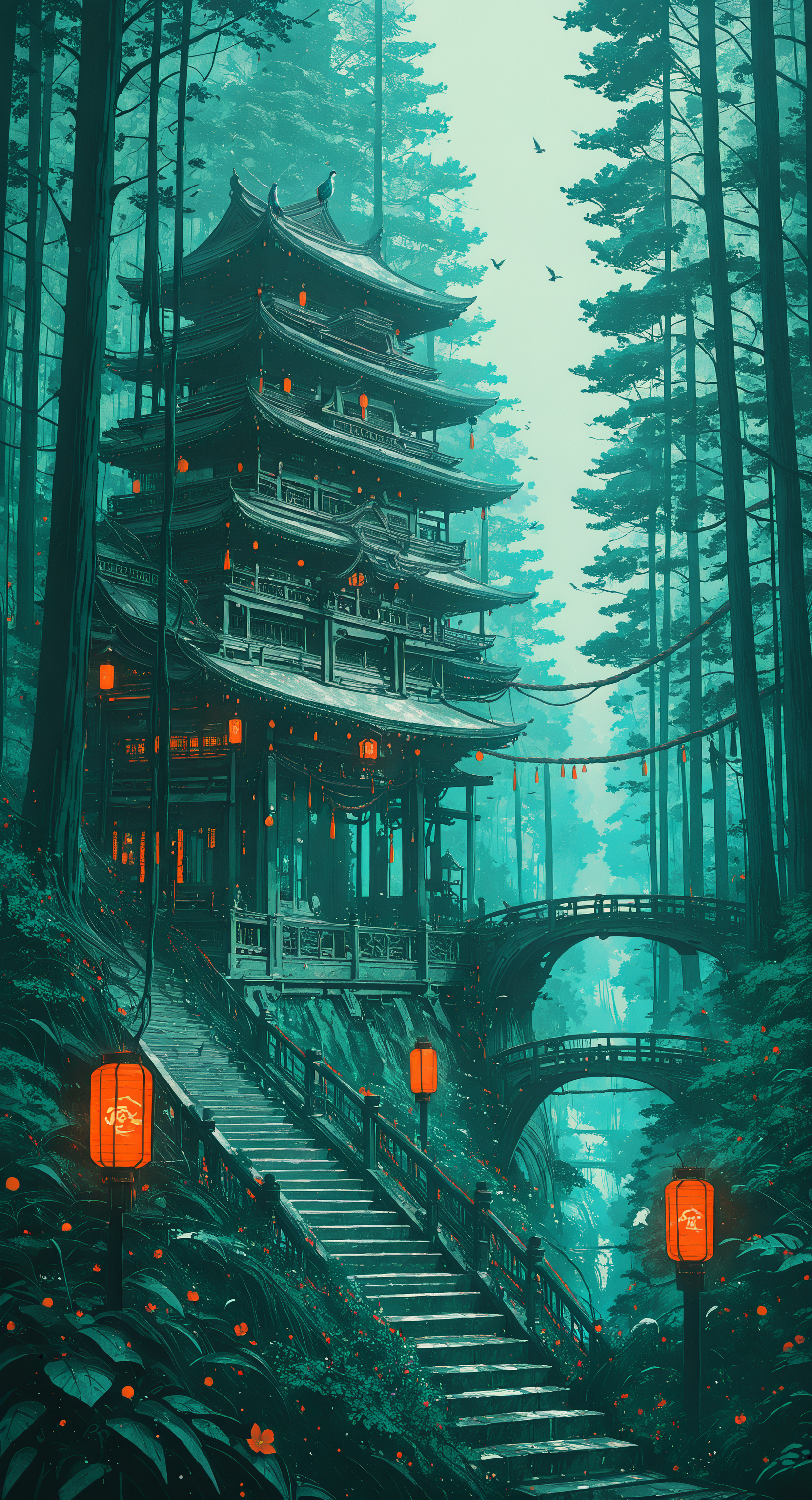 masterpiece, best quality, good quality, very awa, newest, highres, absurdres, flower, outdoors, tree, no humans, bird, plant, rope, scenery, nature, forest, lantern, stairs, railing, architecture, east asian architecture, bridge, paper lantern, limited palette, h4ra_illu <lora:illustriousXL_stabilizer_v1.23:0.3> <lora:NOOB_vp1_detailer_by_volnovik_v1:0.3> <lora:ponyv6_noobE11_2_adamW-000017:0.3> <lora:114558v4df2fsdf5:0.6> <lora:XXX667:0.4> <lora:-_iLL_-_the_edgy_mech_V2.0-:0.8>
