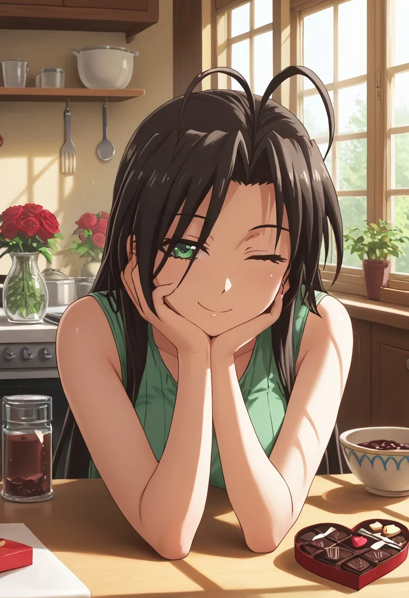 masterpiece, high quality, best quality, score_9. Chisato Hasegawa, looking at viewer, across from table, head resting on hand, elbow on table, winking, smiling, half-closed eyes, POV, kitchen, table, heart shaped chocolate box, vase with roses, daytime, windows, sunlight