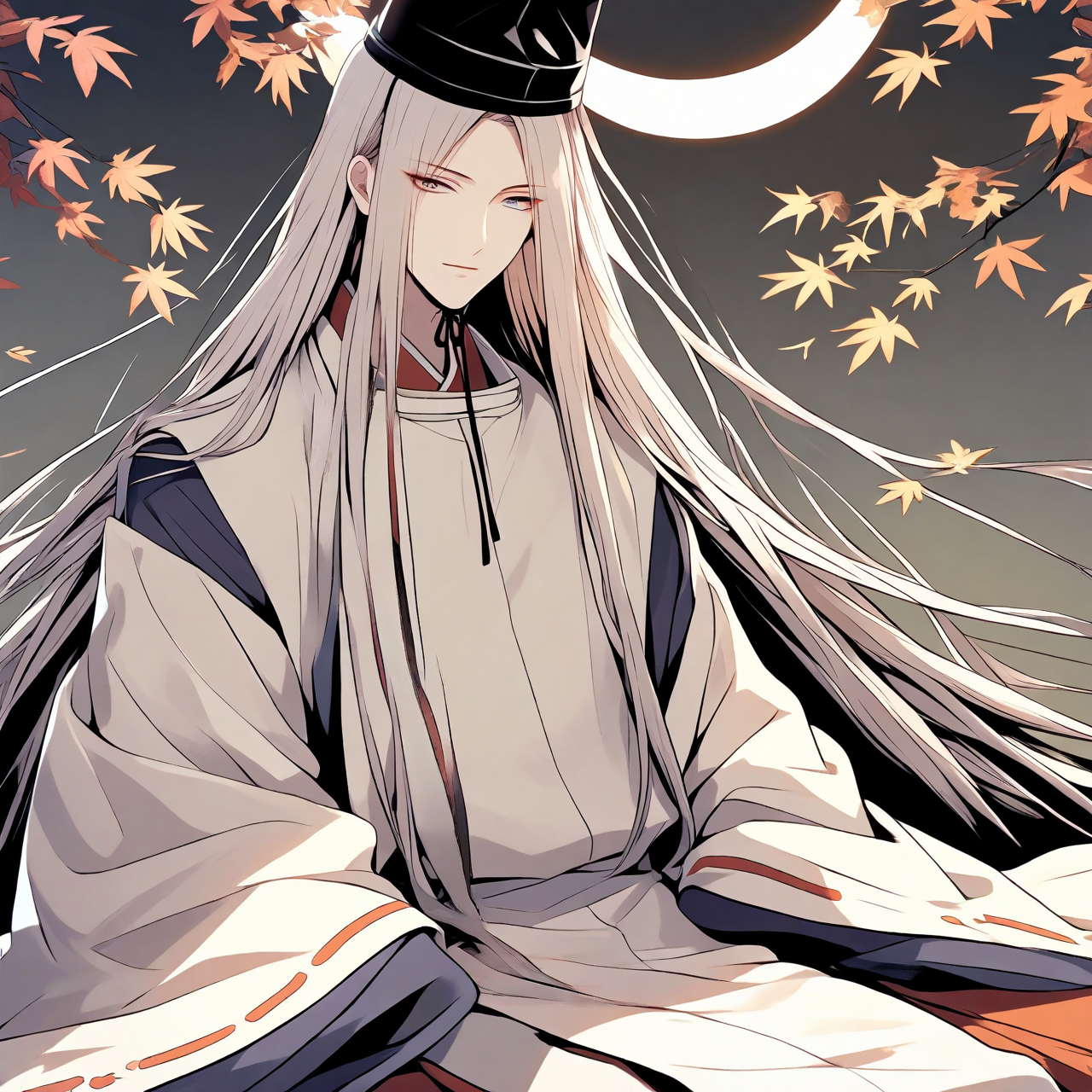 1boy, male, beautiful face. beautiful boy. man.
kariginu. eboshi, tateeboshi. japanese cloth. heian.
long sleeve trim ribbon. beautiful long hair. leaves. moon.
sitting.
best quality. highly detailed.
<lora:LCM_LoRA_Weights:0.3>
 <lora:loha_suikan_aniv4_sdxl:1>
 beautiful, beautiful. beautiful. beautiful eyes.