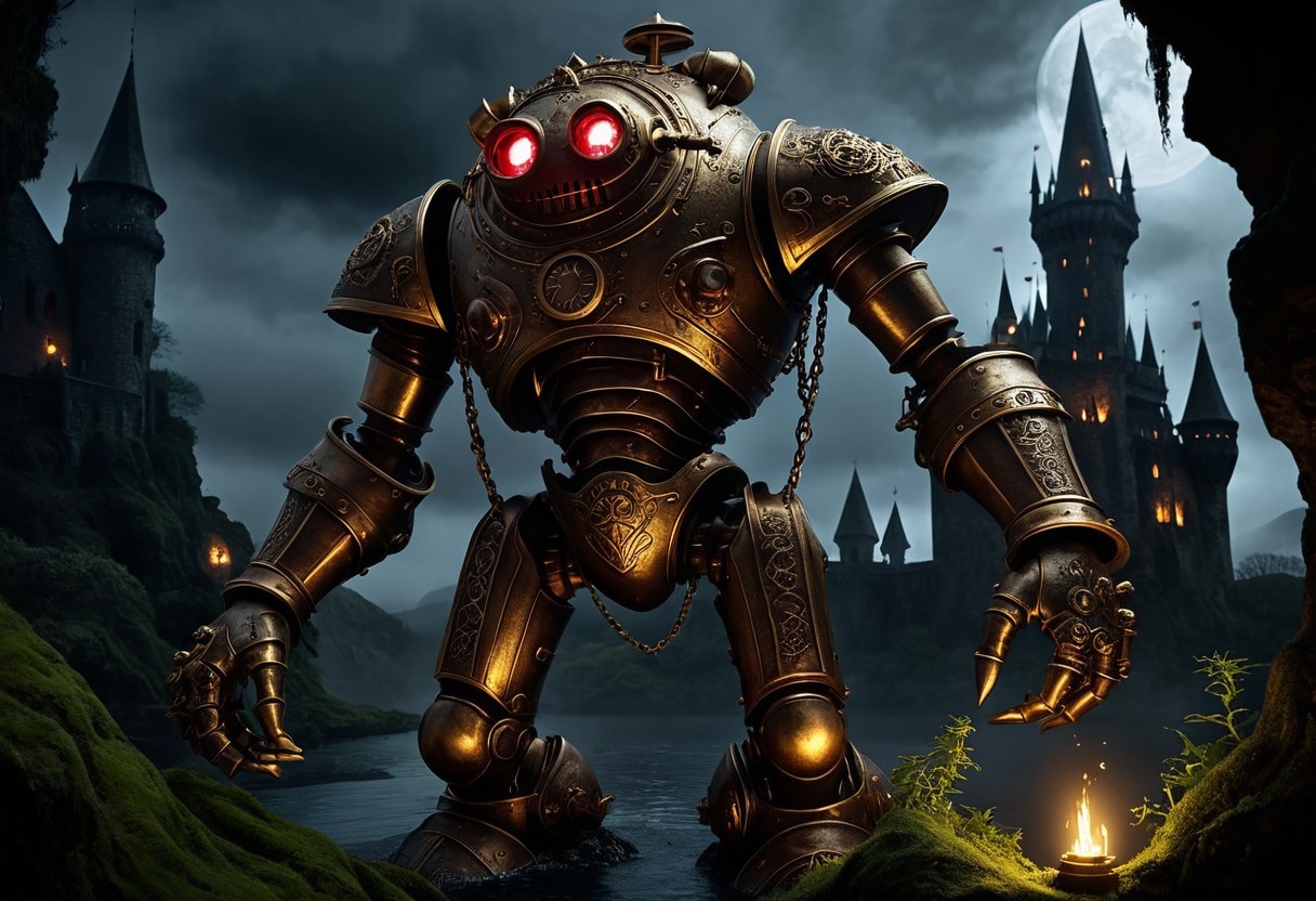 giant bipedal robot brass and dark red, bronze paisley robot. lacy robot metal. GOLD diving helmet head. outside of a steampunk keep. large detailed torso. dark image. one forty foot tall ancient robot with great arms and two heavy spring legs. dark foggy night background. $dark foggy night image only. dark photo realistic image. steampunk details. cogs, chains and pipes incorporated in the fantasy buildings. magic wizards tower in background. Dark swamp, moss, castle ruins, wizards tower. stormy dark night.  stormy sky.