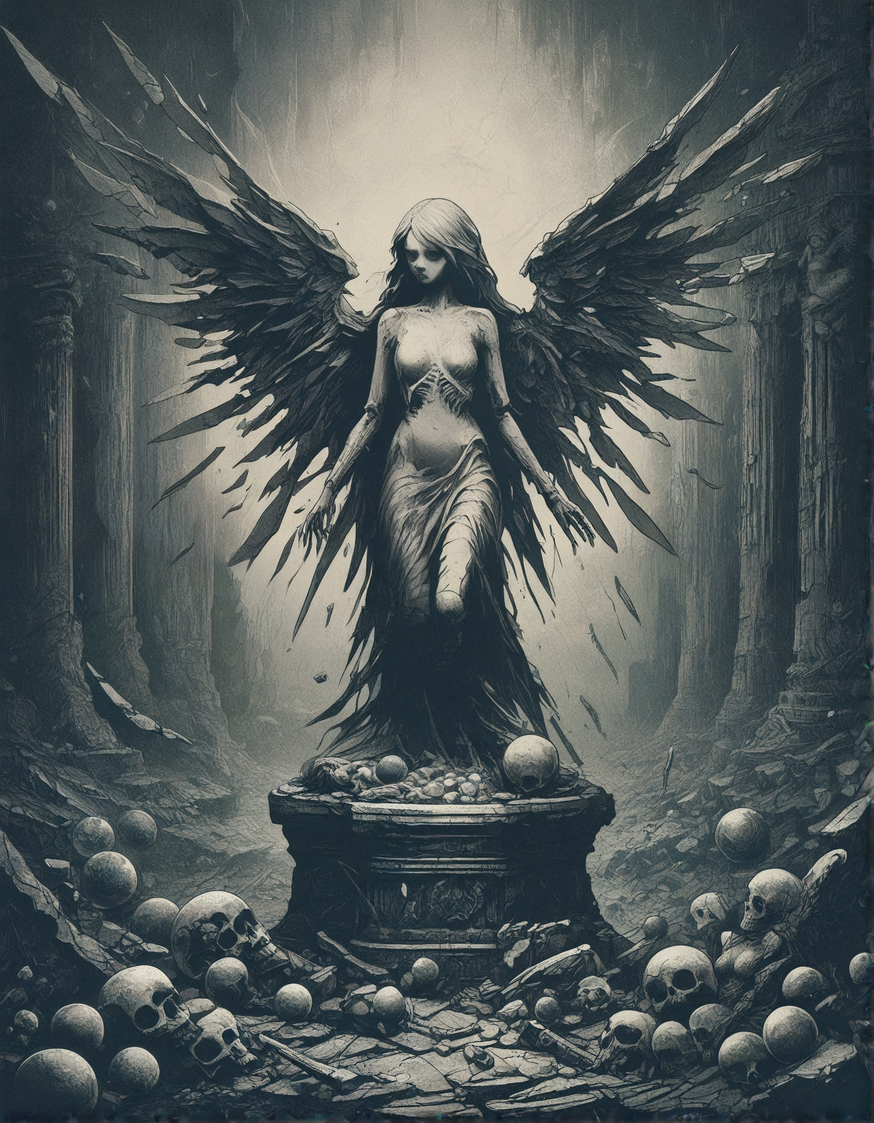 gothic, digital illustration, flat colors, line art, heavy film grain, fallen angel statue, woman, pretty, large bare breasts, marble, broken wings, skeletons, ancient ruins, vast barren landscape, dark atmosphere, eerie