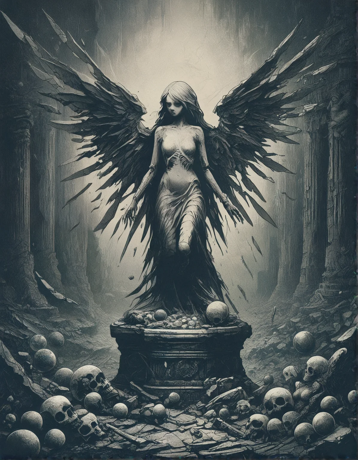gothic, digital illustration, flat colors, line art, heavy film grain, fallen angel statue, woman, pretty, large bare breasts, marble, broken wings, skeletons, ancient ruins, vast barren landscape, dark atmosphere, eerie