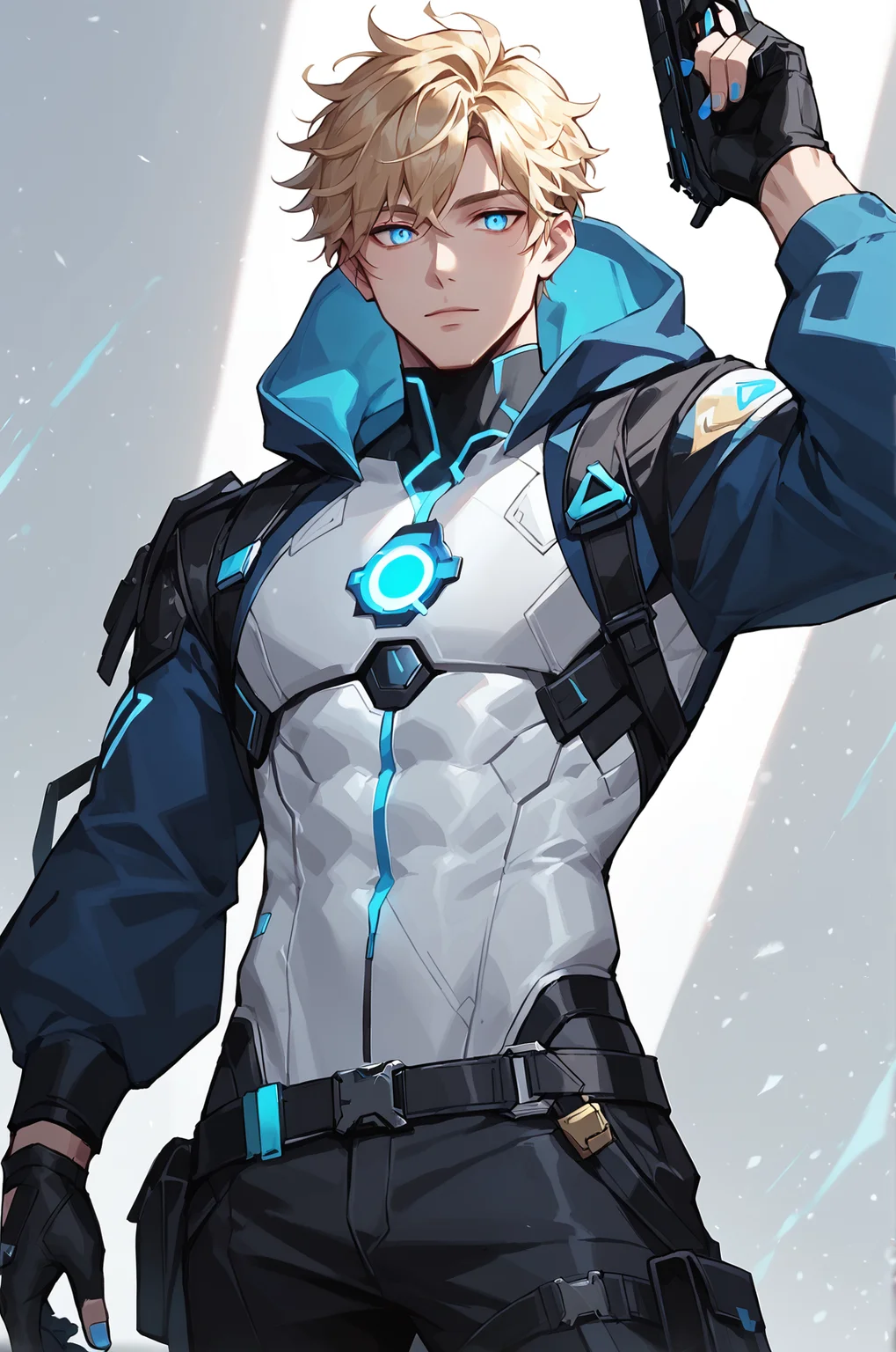 score_9_up, score_8_up, score_7_up, score_6_up, 1boy, solo, male focus, ww schuri, light blonde hair, short hair, light blue eyes, light skin, white hood, futuristic white bodysuit top with glowing blue highlights, hood down, black pants with blue highlights, black gloves with blue highlights, large black blue and white gun on back, high black collar, dark fantasy art, grimdark, best_quality, masterpiece, dark cold color scheme, valorant style, dvs, <lora:sxz-valorant-smol-v2-pdxl:0.2> <lora:Concept Art DarkSide Style LoRA_Pony XL v6:0.75> <lora:Westwind_Executioner_Schuri_-_Epic_Seven-000002:0.85>